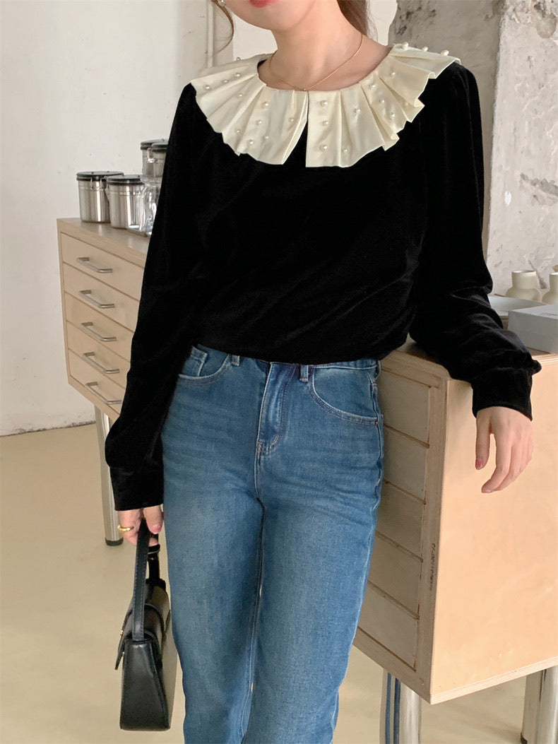 荷葉珍珠領絲絨上衣