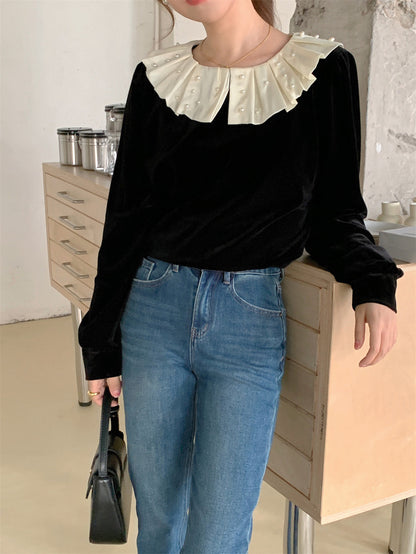 荷葉珍珠領絲絨上衣