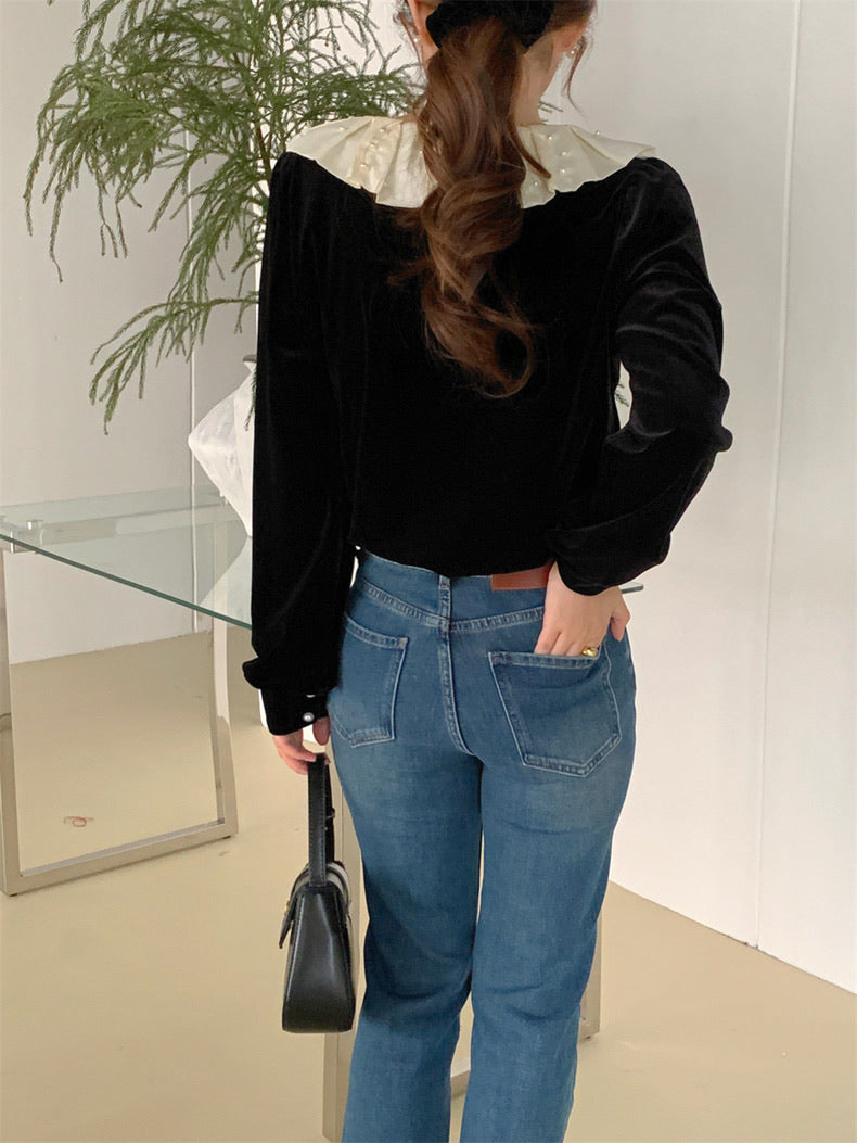 荷葉珍珠領絲絨上衣