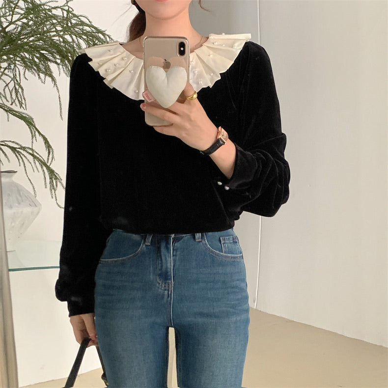 荷葉珍珠領絲絨上衣