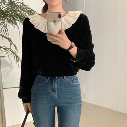 荷葉珍珠領絲絨上衣