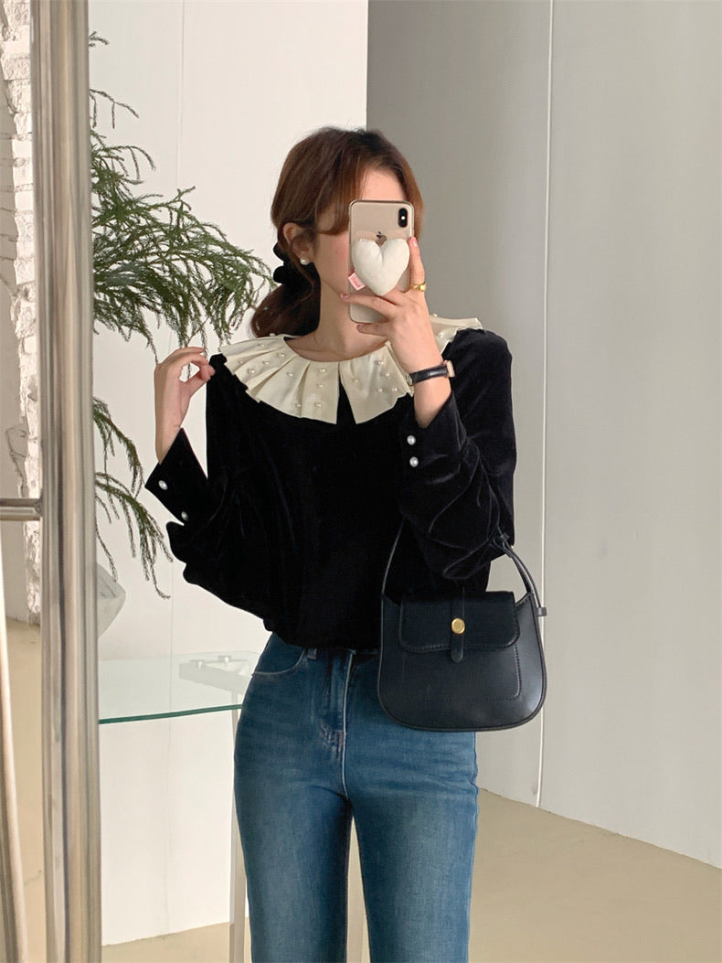 荷葉珍珠領絲絨上衣