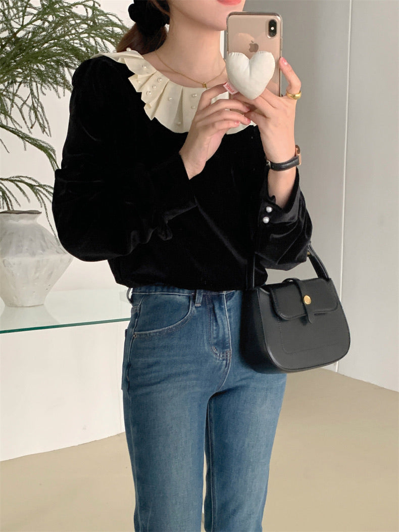 荷葉珍珠領絲絨上衣