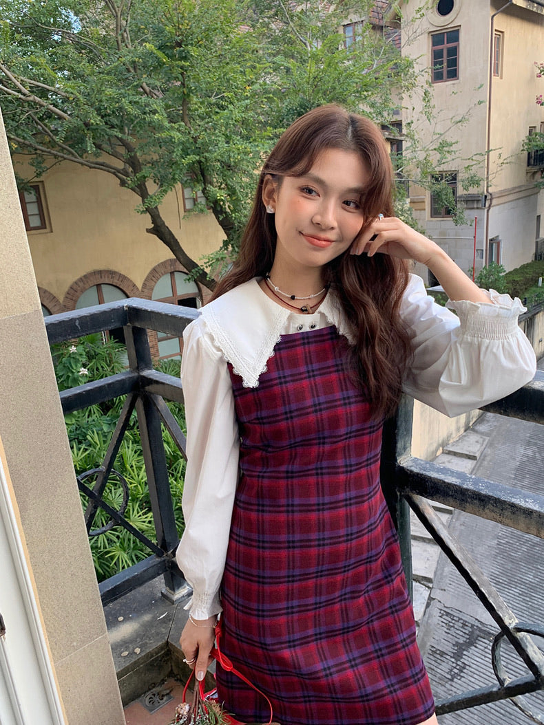 恤衫+格仔連身裙set