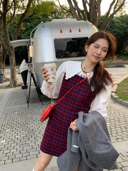 恤衫+格仔連身裙set