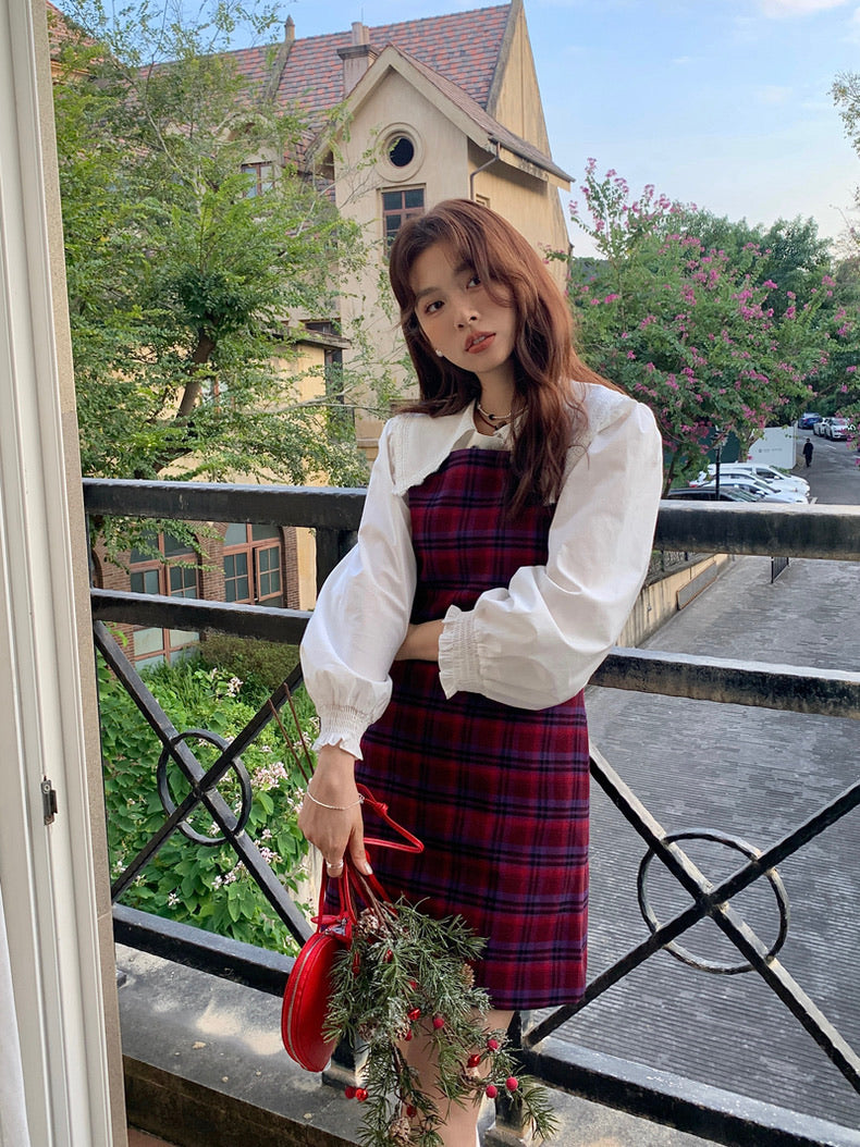 恤衫+格仔連身裙set