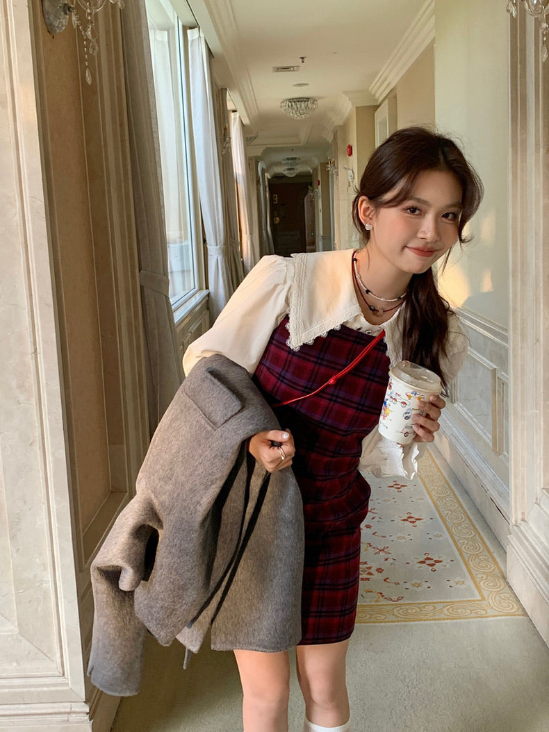 恤衫+格仔連身裙set