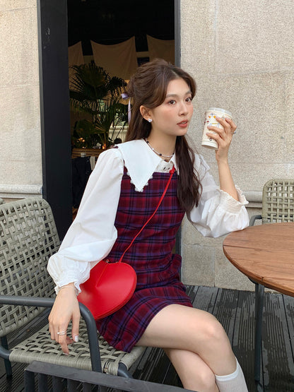 恤衫+格仔連身裙set