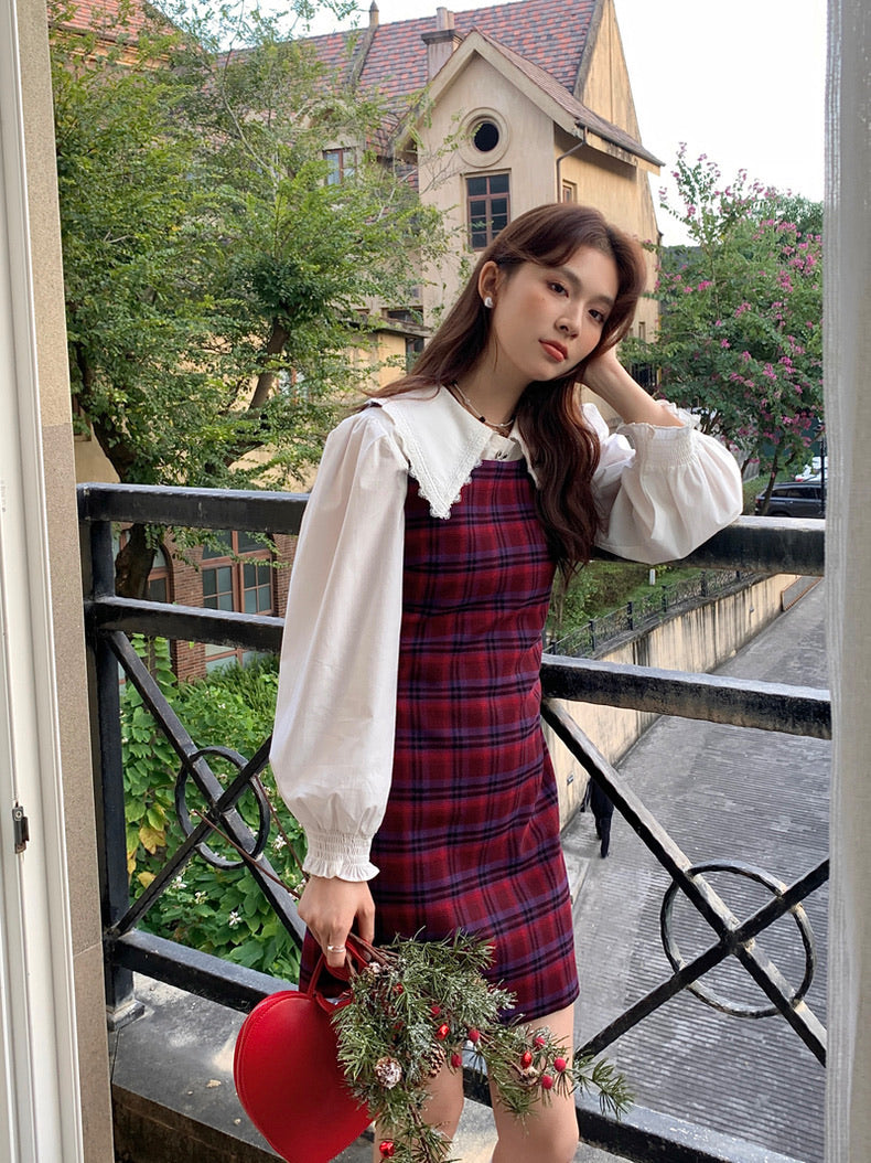 恤衫+格仔連身裙set