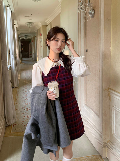 恤衫+格仔連身裙set