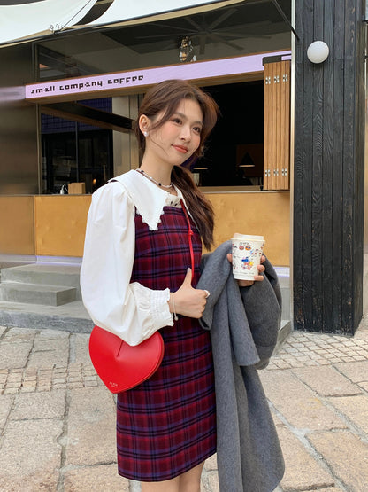 恤衫+格仔連身裙set