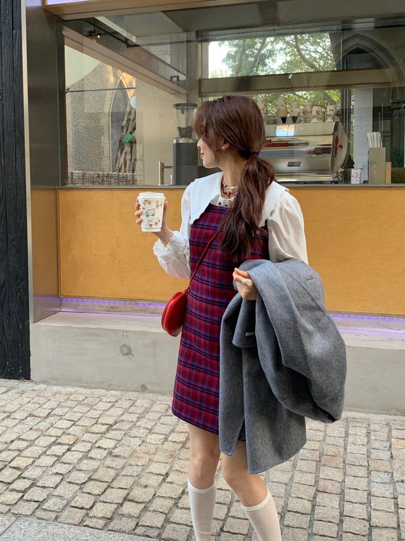 恤衫+格仔連身裙set