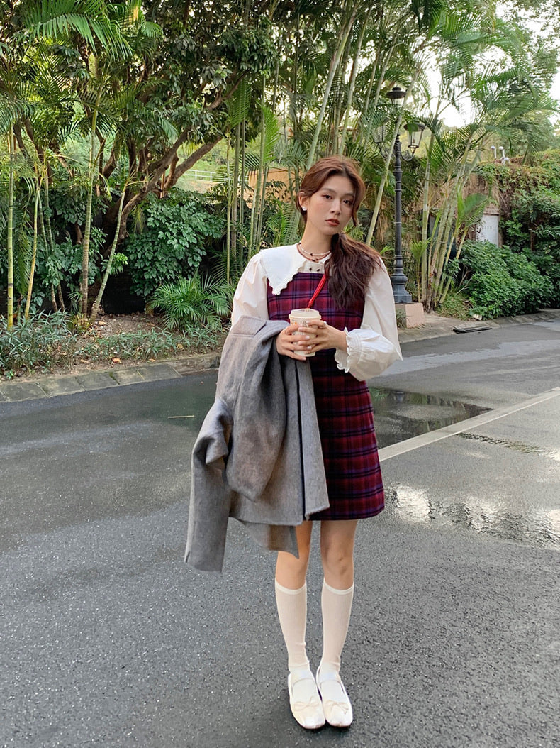 恤衫+格仔連身裙set