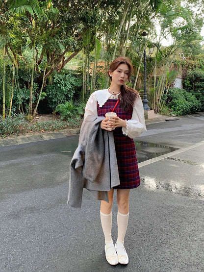 恤衫+格仔連身裙set