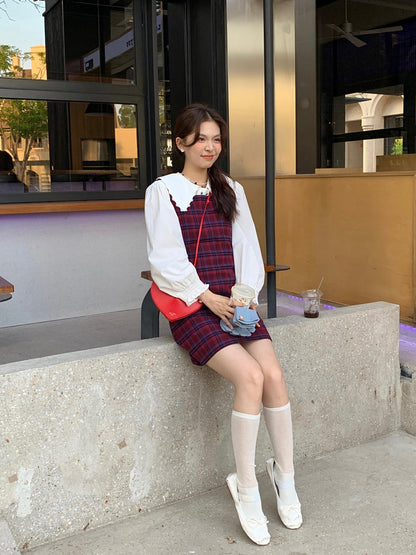 恤衫+格仔連身裙set