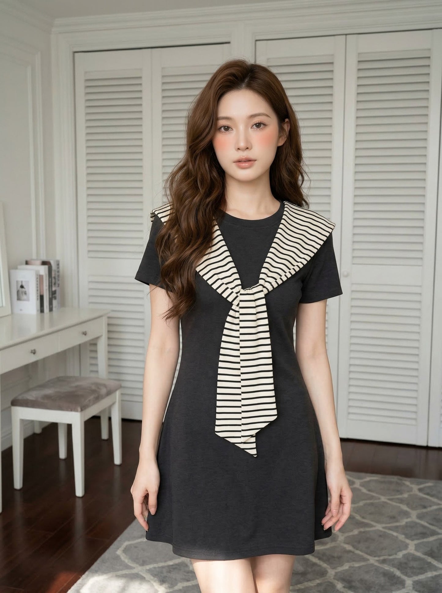 法式條紋披肩連身裙