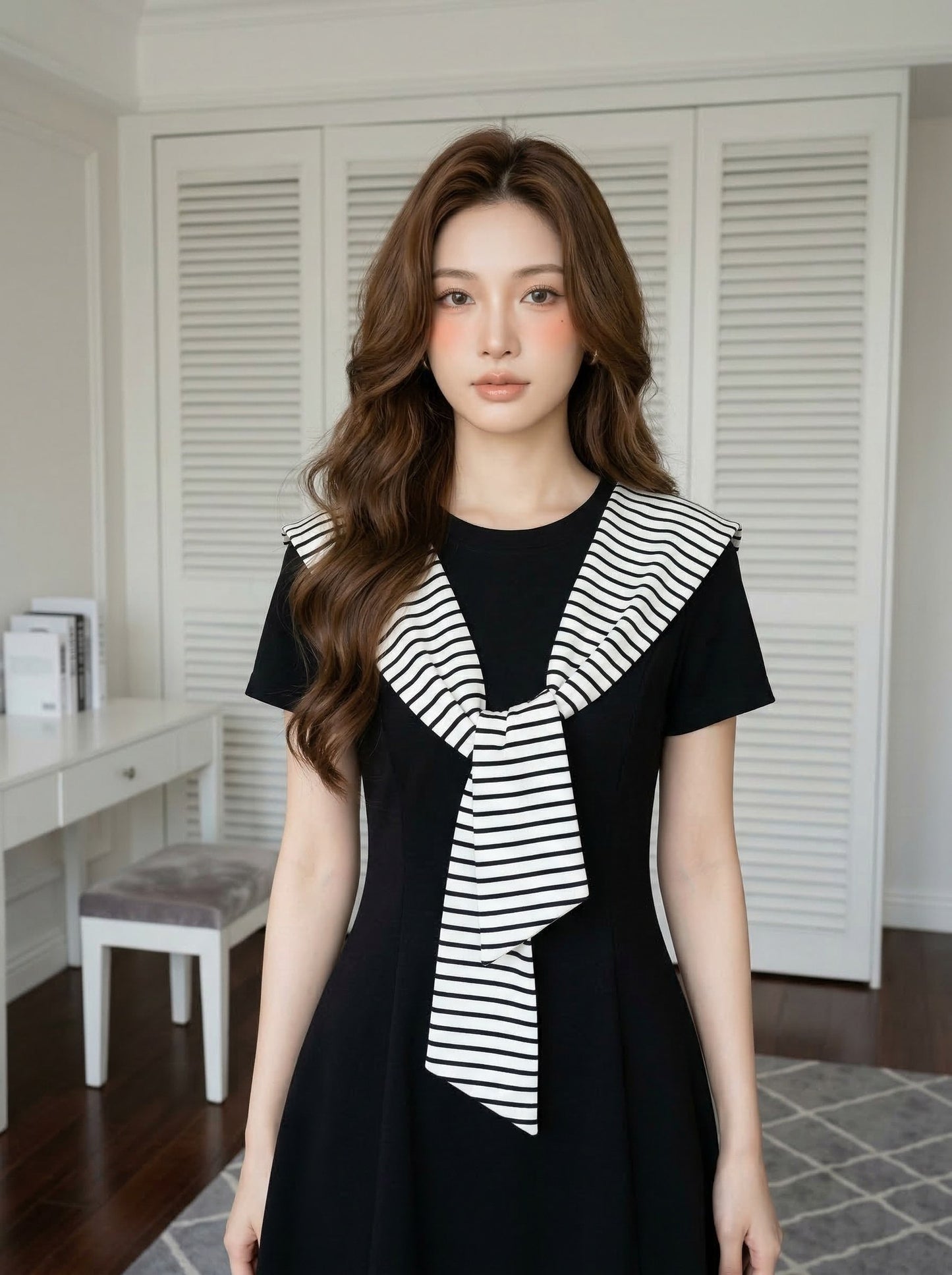 法式條紋披肩連身裙