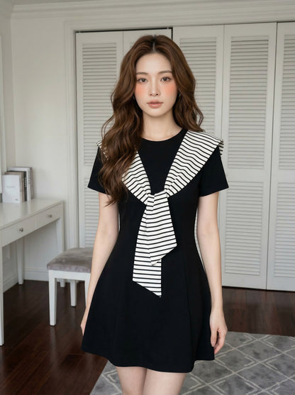 法式條紋披肩連身裙