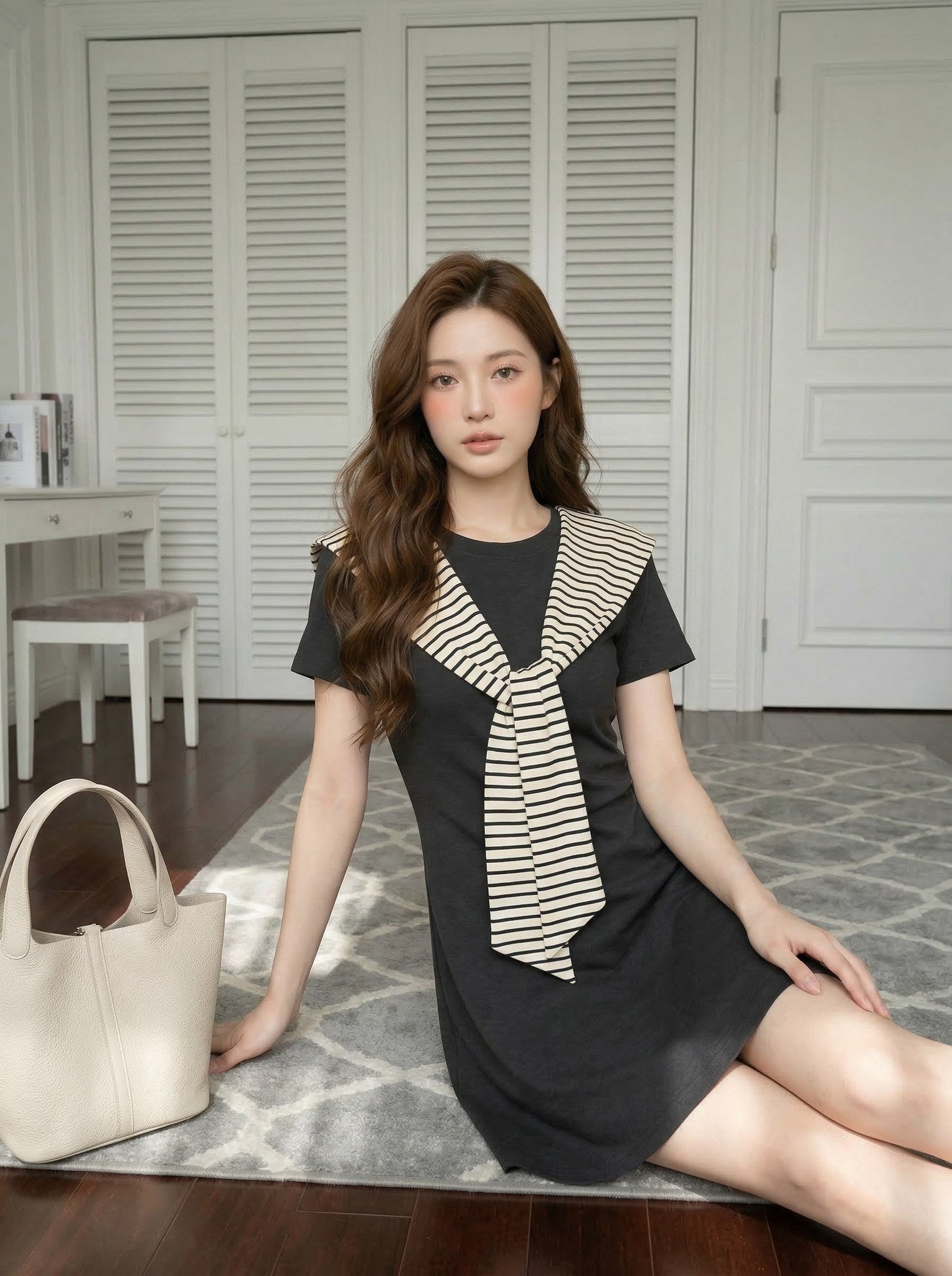 法式條紋披肩連身裙