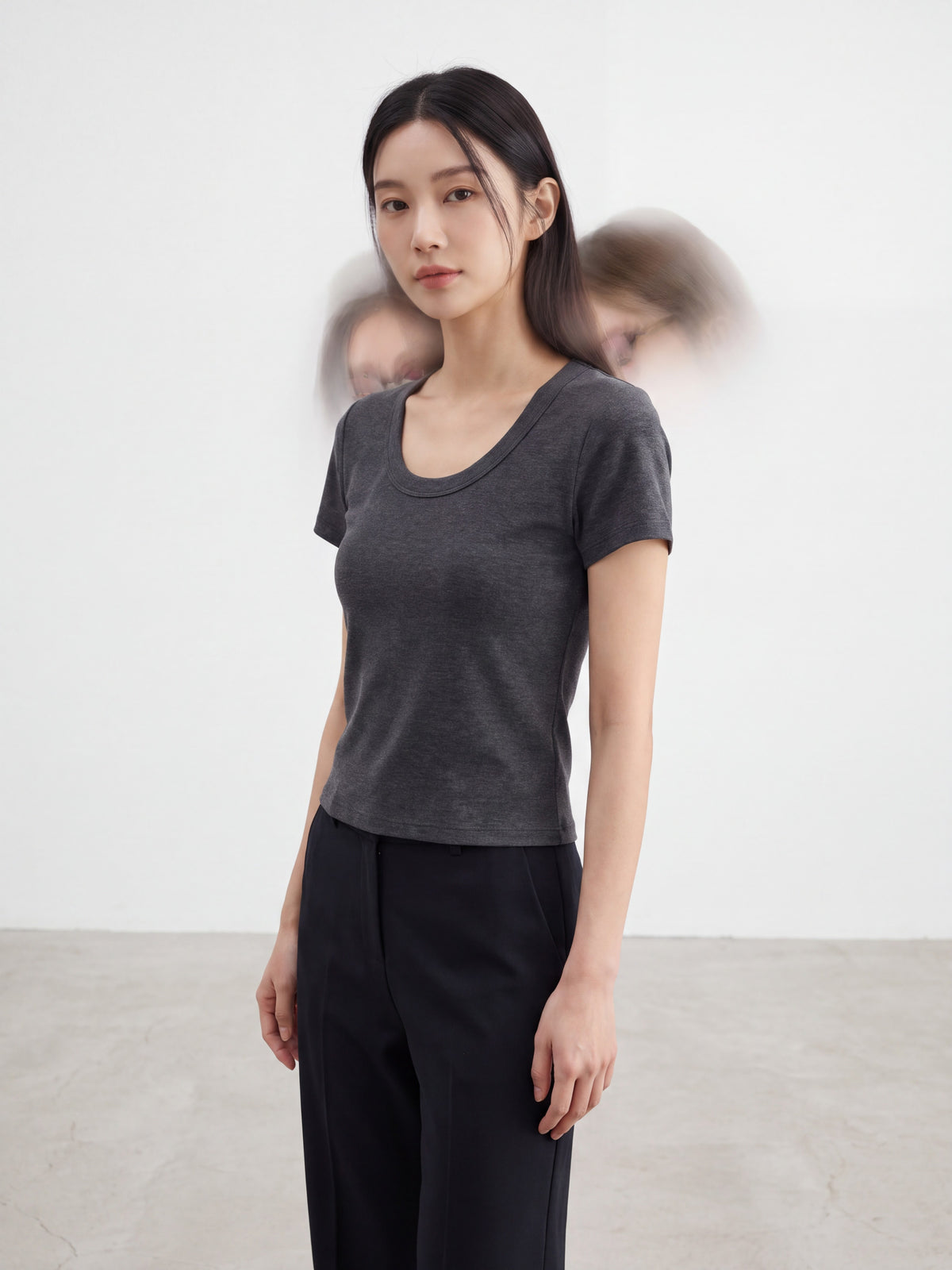 Models wearing dark grey and plum U-neck short-sleeve t-shirts