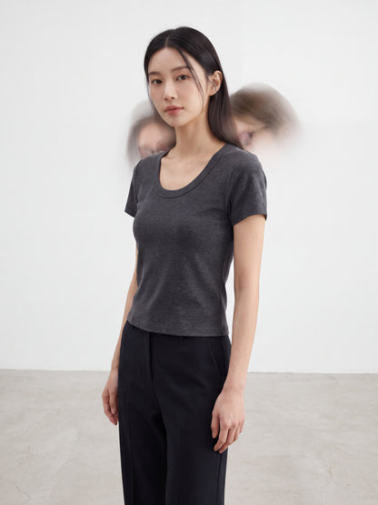 Models wearing dark grey and plum U-neck short-sleeve t-shirts