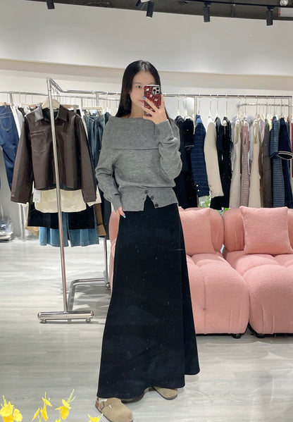 氛圍感一字領露肩長袖上衣