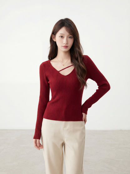 純欲V領掐腰打底針織衫