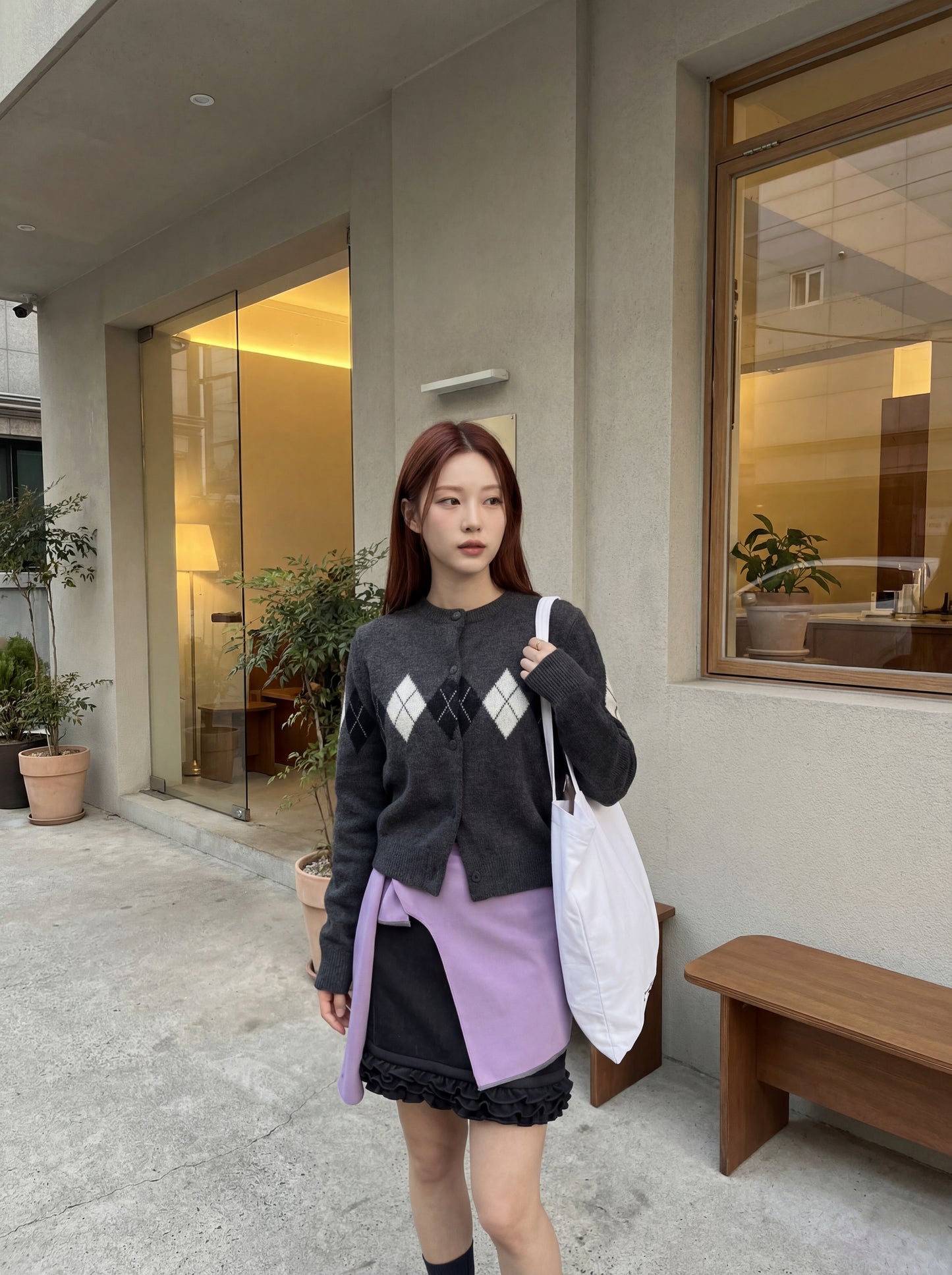 休閒菱格簡約針織開衫毛衣