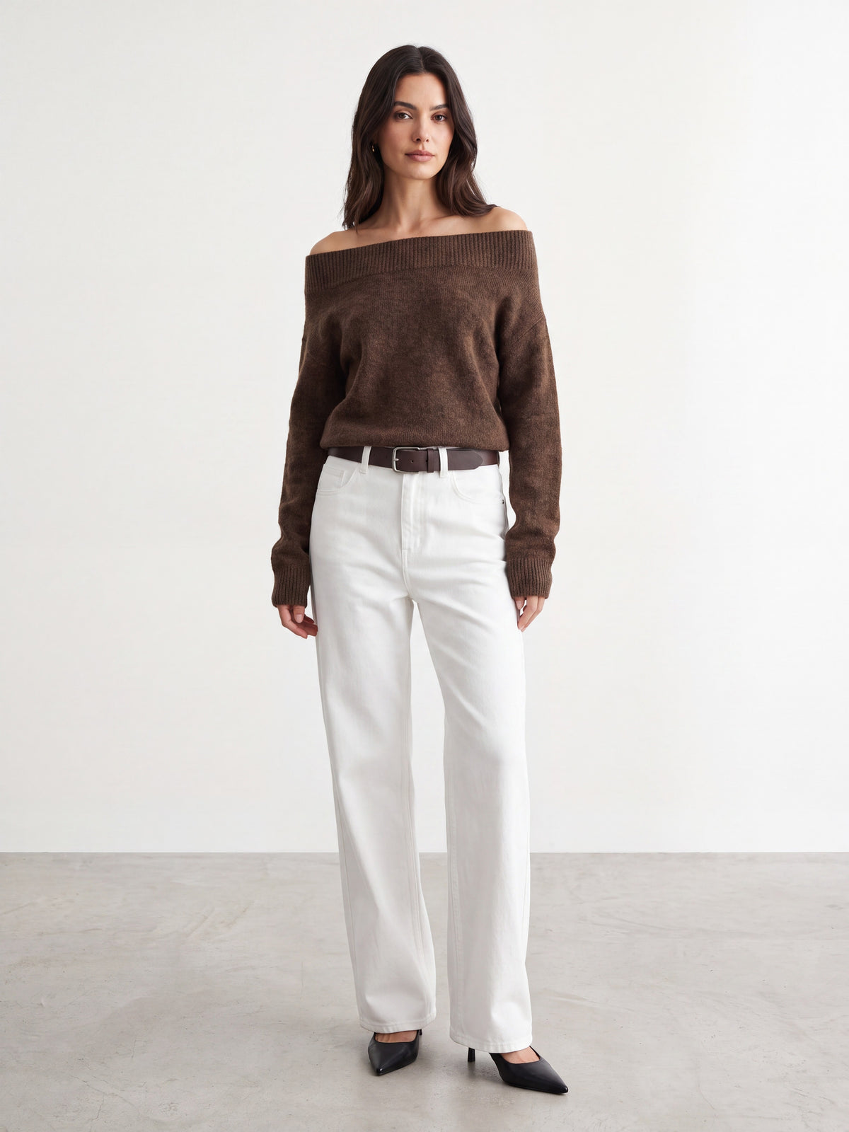Model wearing white straight jeans