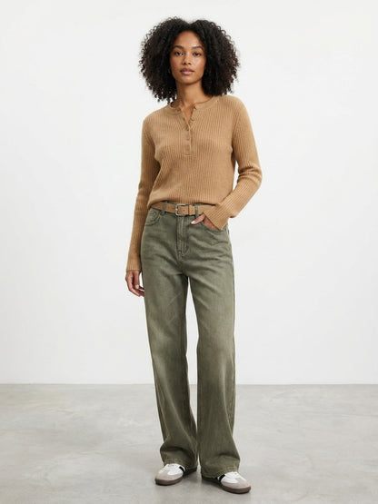 Model wearing olive green straight jeans