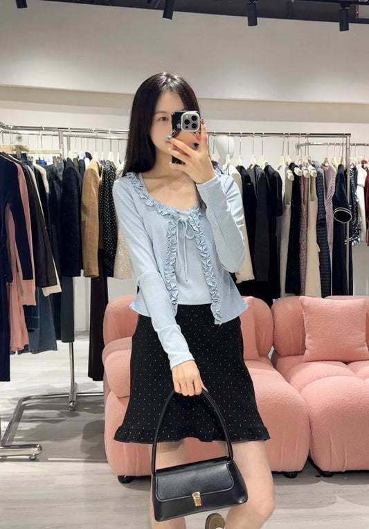 Sweet Ruffle Tie Faux Two-Piece Blouse