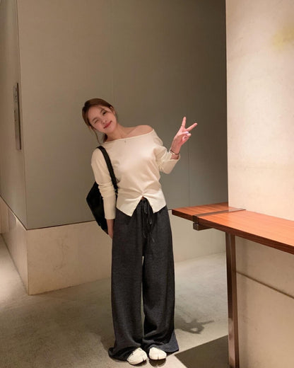 簡約斜肩針織top