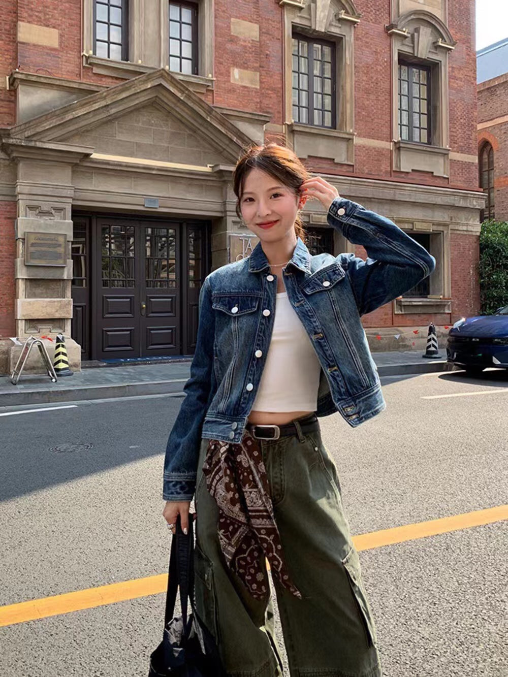 美式復古翻領短款牛仔外套