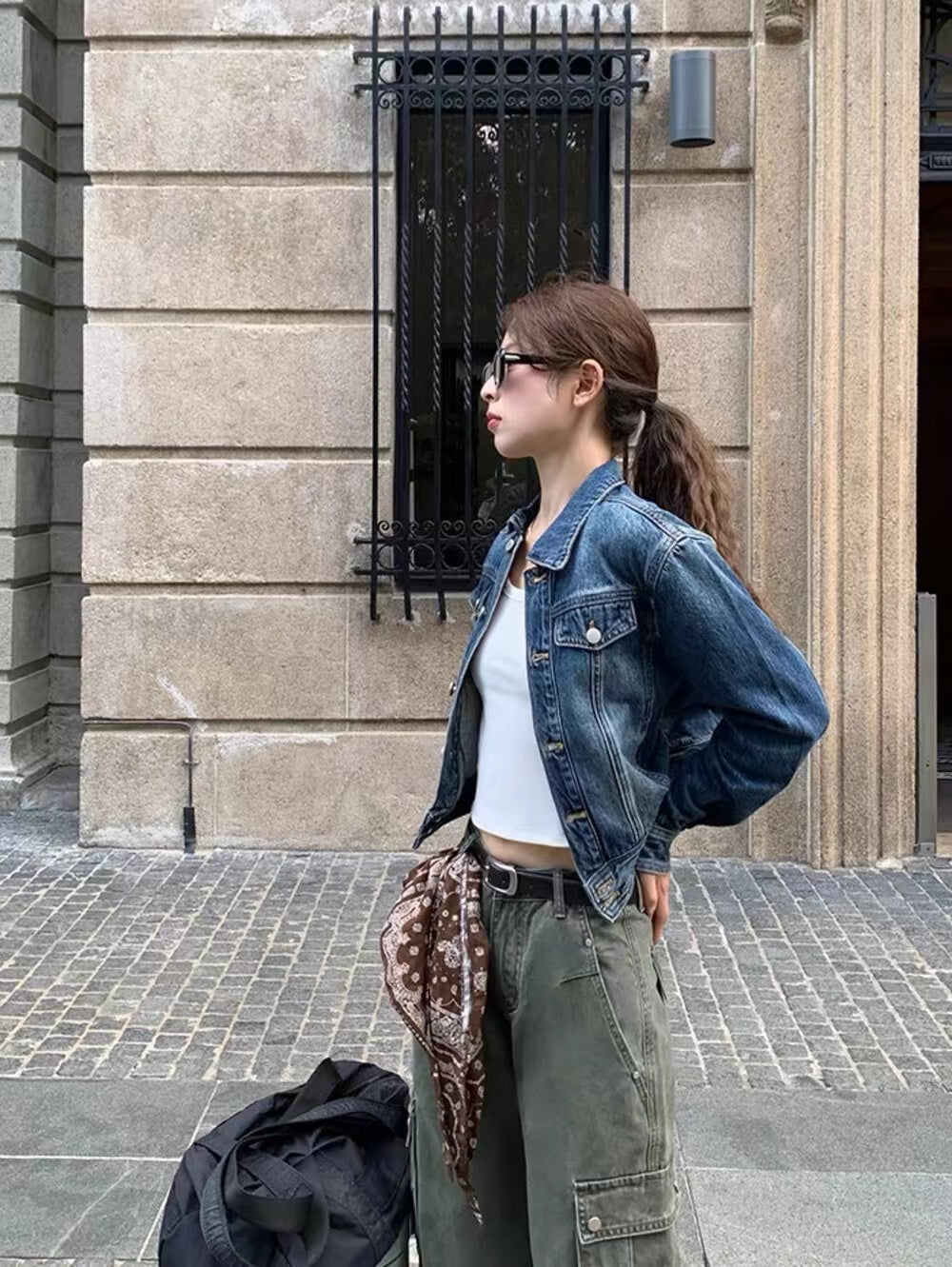 美式復古翻領短款牛仔外套