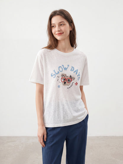 Woman wearing a white cute dog graffiti t-shirt