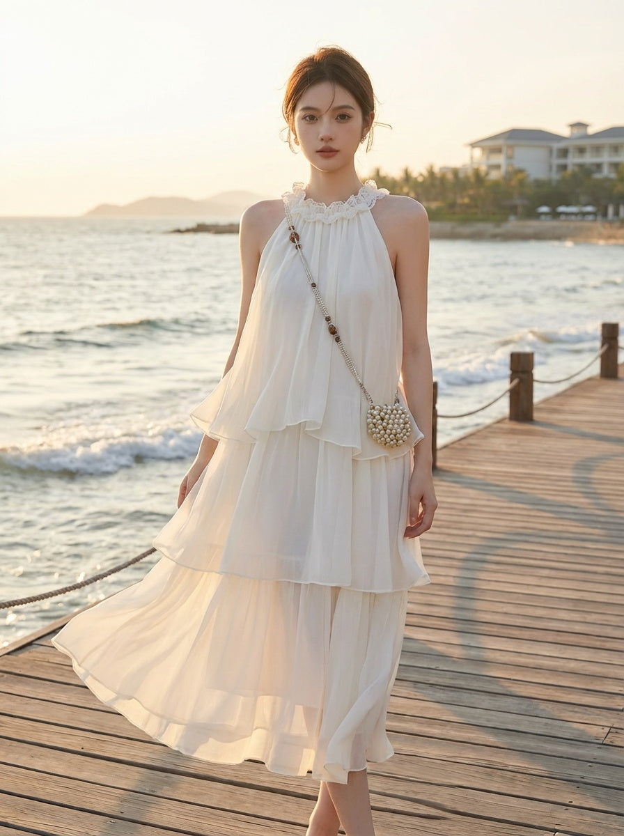 レースホルターネックティアードワンピース