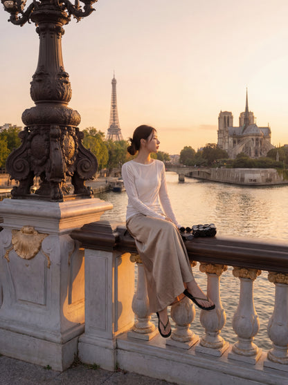 French Satin High-Waisted A-Line Midi Skirt