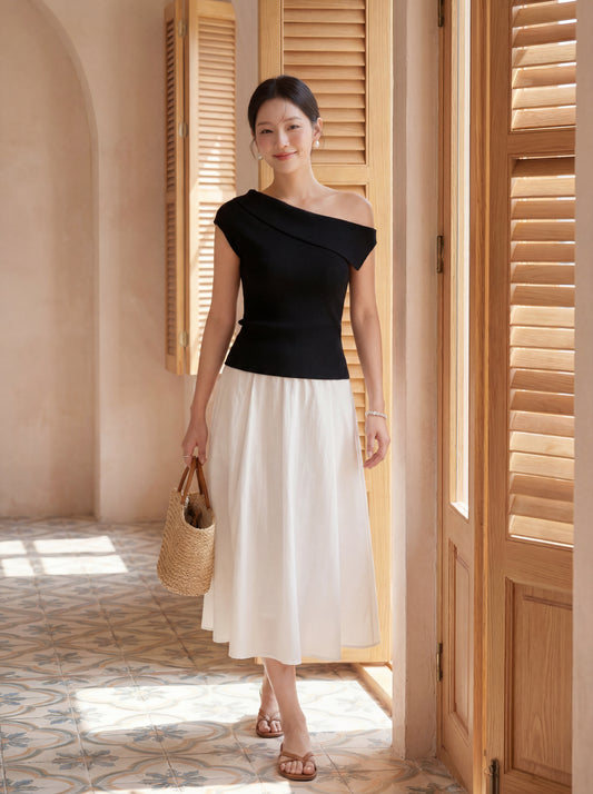 Elegant Fold-Over Asymmetrical Shoulder Knit Top