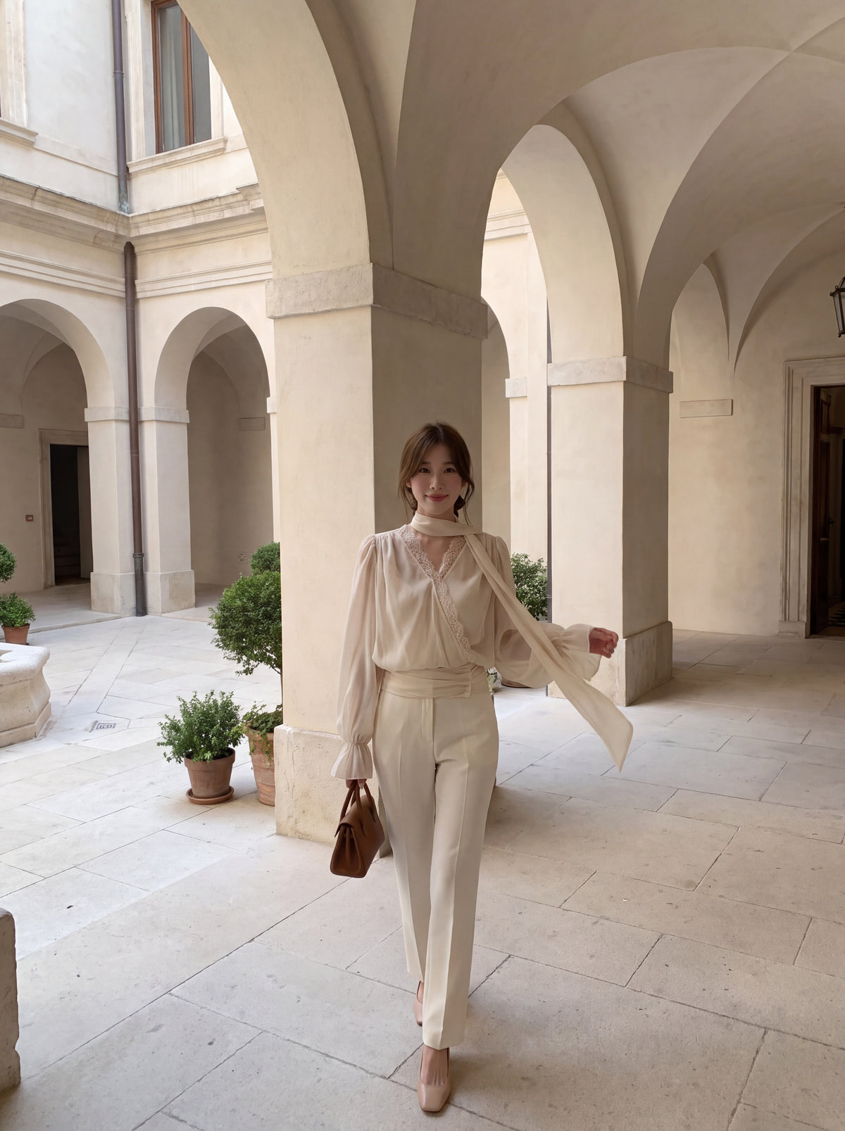 Lace Trim V-Neck Tie Blouse