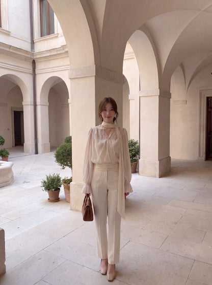 Lace Trim V-Neck Tie Blouse