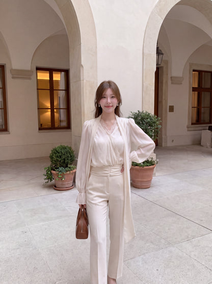 Lace Trim V-Neck Tie Blouse