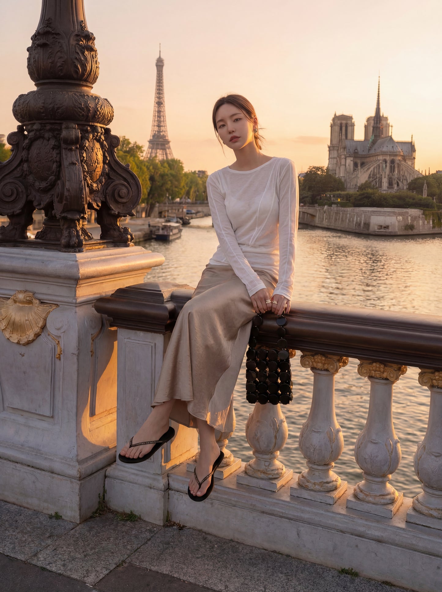 French Satin High-Waisted A-Line Midi Skirt