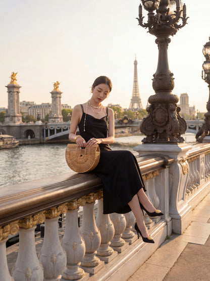 高級光澤緞面吊帶連身裙