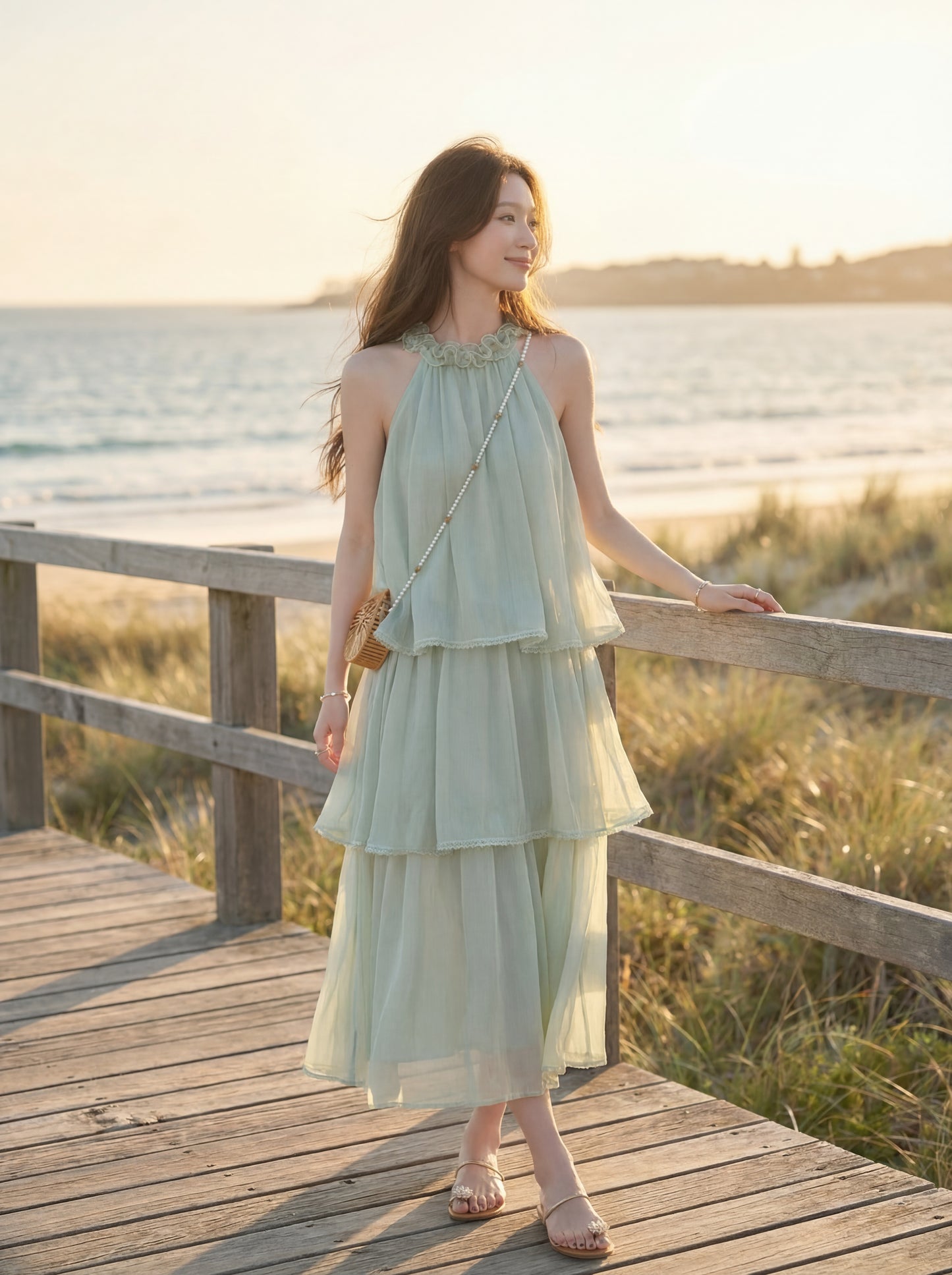 レースホルターネックティアードワンピース