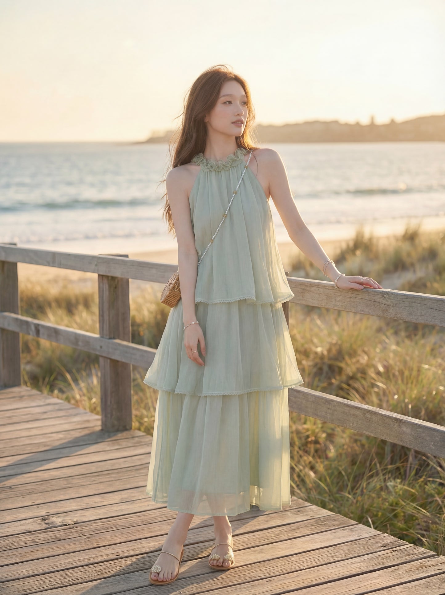 レースホルターネックティアードワンピース