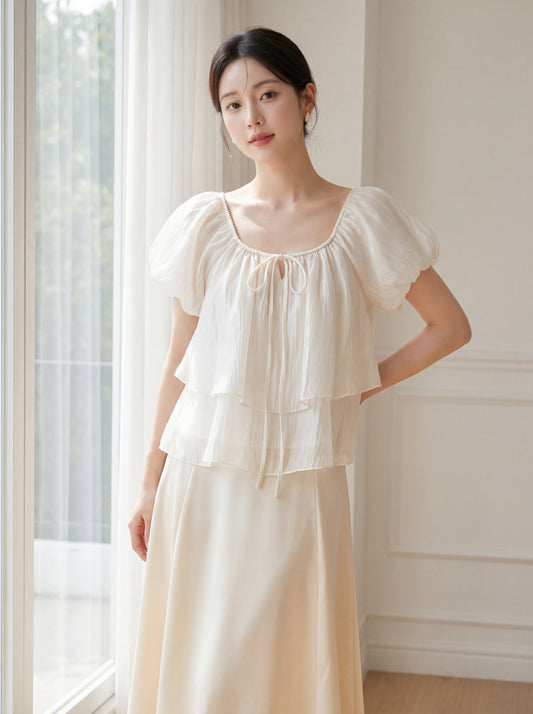 ダブルフリルパフスリーブブラウス