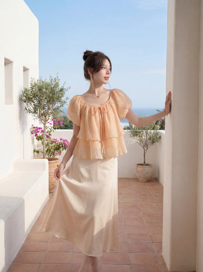 ダブルフリルパフスリーブブラウス