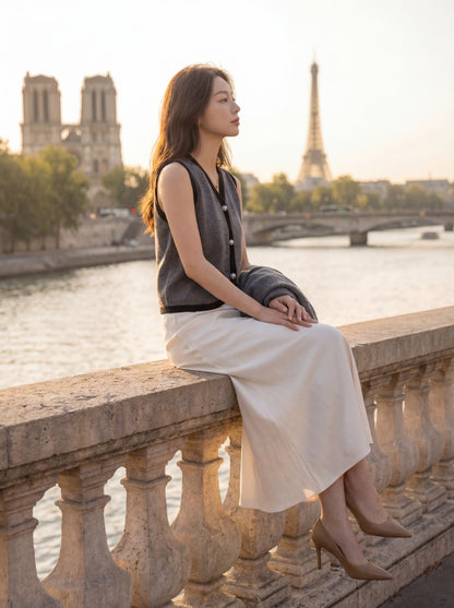 French Satin High-Waisted A-Line Midi Skirt