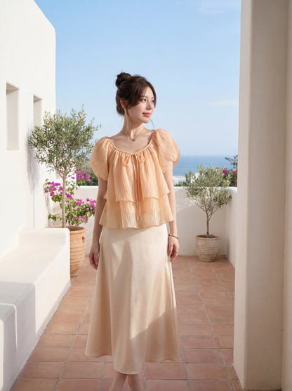 ダブルフリルパフスリーブブラウス