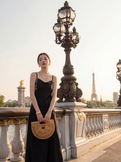 高級光澤緞面吊帶連身裙